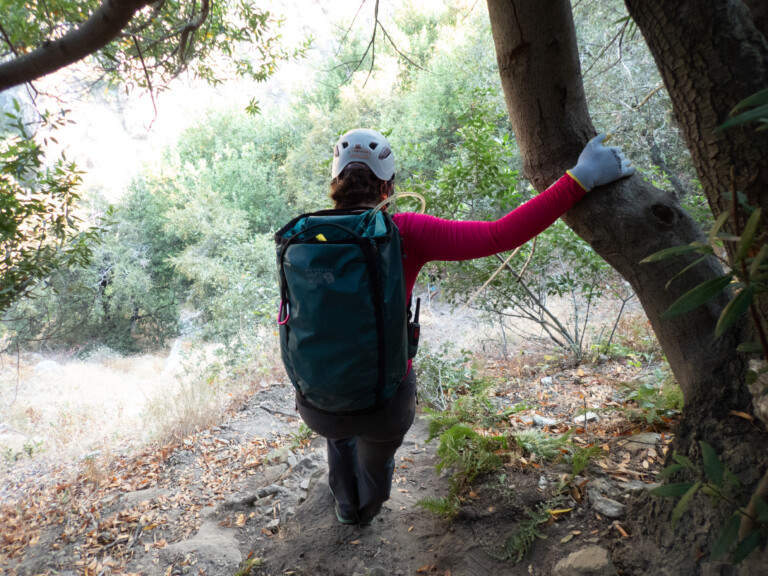 Rear view of a person wearing a white helmet, pink long-sleeve shirt, gloves, and a green backpack standing on a rocky trail surrounded by trees and bushes in Eaton Canyon, holding onto a tree branch while looking down the path.