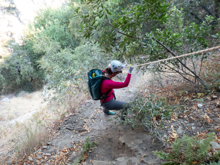 A person in a pink long-sleeve shirt, gray pants, and a white helmet is rappelling down a steep dirt trail using a rope. They are surrounded by green trees and bushes, with dry leaves scattered on the ground. The person carries a large green backpack and is gripping the rope tightly while descending.