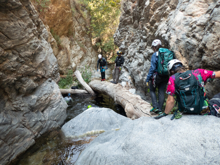 Several people wearing helmets and backpacks are canyoneering in a narrow rocky canyon with a shallow stream and fallen logs. The canyon walls are steep and rugged, with some greenery visible at the top. One person is in the water, while others are climbing over rocks and logs.