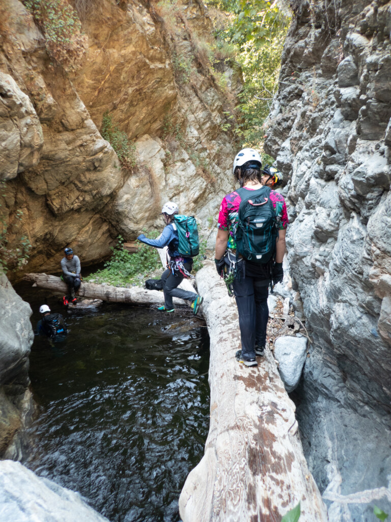 Several people equipped with helmets, backpacks, and climbing gear are canyoneering in a narrow rocky canyon. One person is balancing on a large fallen log over a pool of water, while others are standing or sitting nearby. The canyon walls are steep and rugged, with some greenery visible at the top and around the water.